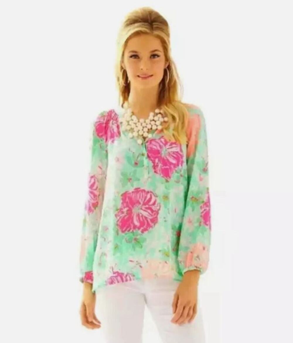 Lilly Pulitzer Elsa Silk Blouse Poolside Blue Beach Walk Play Condition XXS
